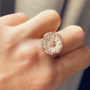 Rose Gold Art Deco Enamel Flower Statement Ring - Size 9.5